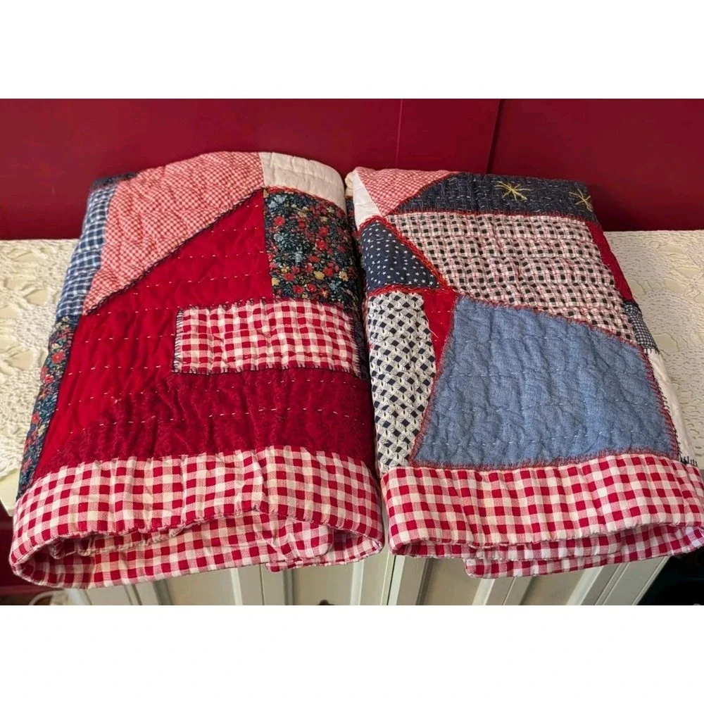 pair of 2 Quilted patchwork shams red checkered standard Cotton pillow cases